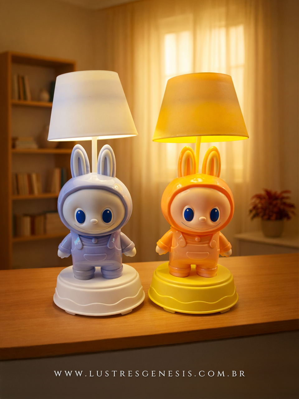 Abajur infantil Labubu rosa com apontador, em formato de personagem fofo, ideal para decora&ccedil;&atilde;o de quartos, escrit&oacute;rios e escrivaninhas.